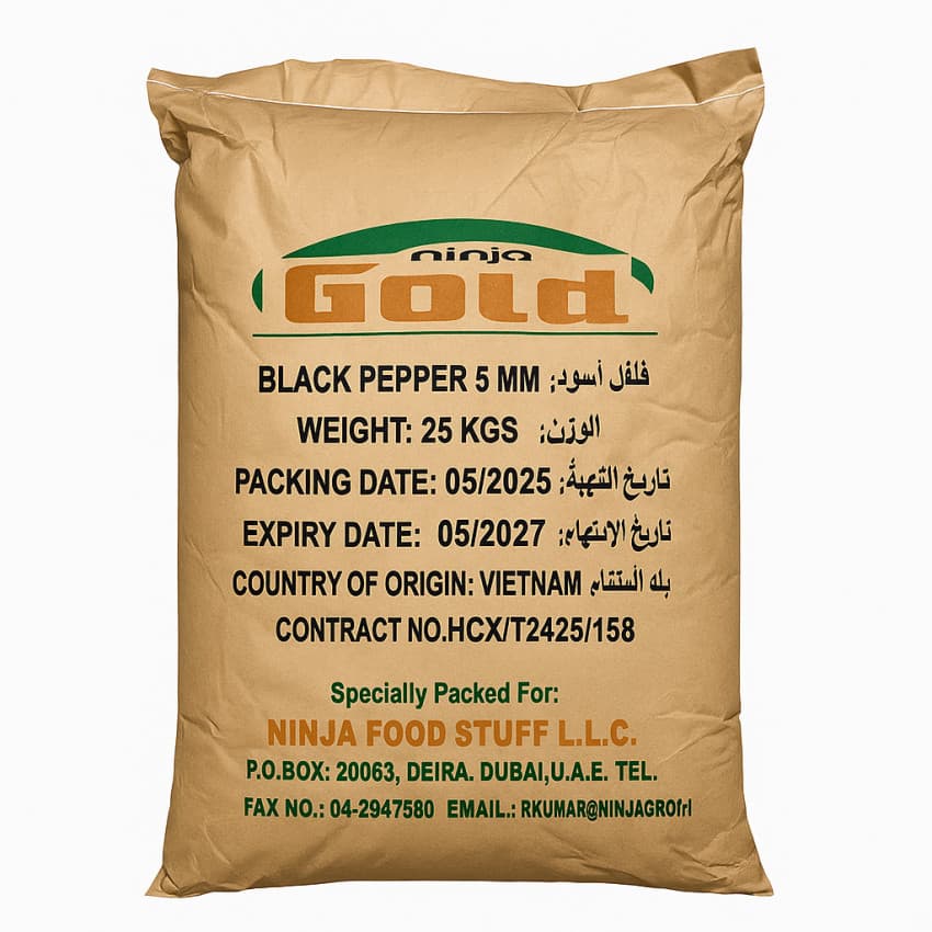 کیسه ۲۵ کیلوگرمی فلفل سیاه درشت سایز ۶ میل برند نینجا گُلد
